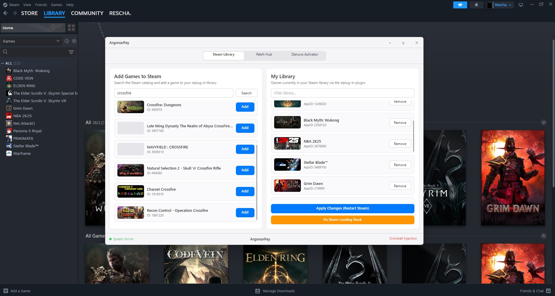 ArgonarPay running over a real Steam Library — Crossfire titles being added on the left, Black Myth Wukong, NBA 2K25, Stellar Blade, Elden Ring, and more already in the library on the right